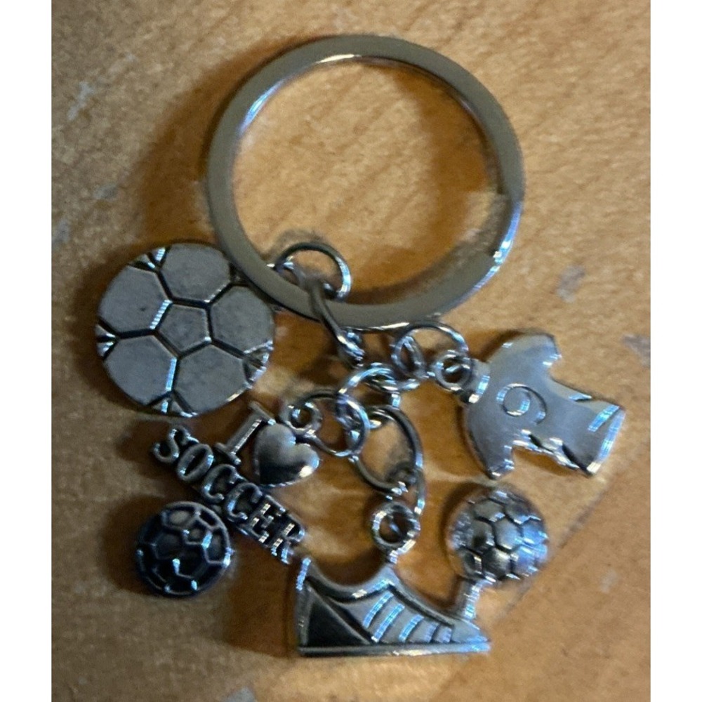 Soccer Ball Keychain Silver Tone w/ Jersey I Love Soccer I Heart Soccer Shoe